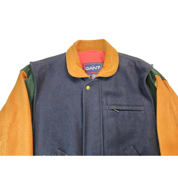 GANT Vintage 90s Multicolor Leather Wool Varsity Letterman Bomber Jacket Mens XL - Picture 3 of 6
